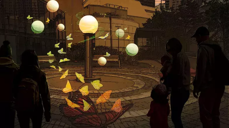 dessin de la murale des papillons de la Tour CN en réalité augmentée la nuit