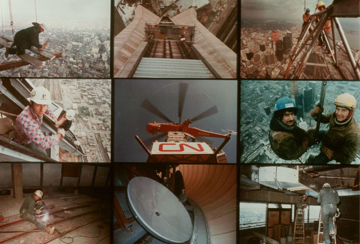 Une collection de neuf photos prises lors des derniers jours de construction de la tour montrent des équipes de construction travaillant sur divers éléments de l’édifice en 1975.