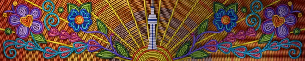 Œuvre inspirée du perlage montrant la Tour CN émergeant d’un rayonnement solaire, entourée de motifs floraux et de vignes symétriques aux couleurs vives.