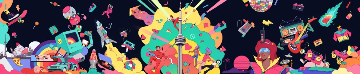 Illustration numérique d’inspiration rétro mettant en vedette la Tour CN entourée d’éléments de culture pop, d’équipements musicaux, de technologies rétro et de formes abstraites dynamiques.