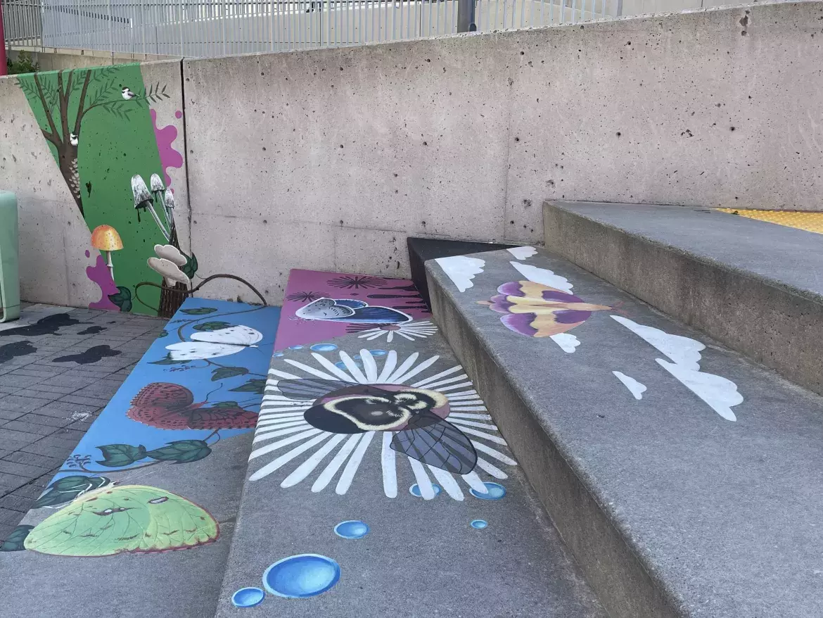 Peintures colorées sur les escaliers menant au niveau inférieur de la Place de la Société immobilière du Canada. Elles représentent des motifs originaux de fleurs, d'oiseaux et d'insectes.