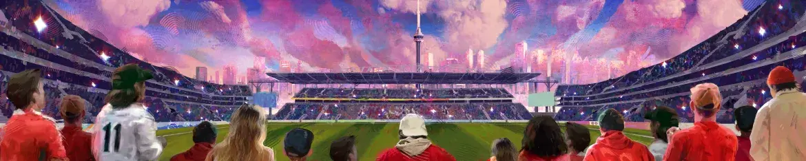 Illustration numérique d’un stade rempli, avec des spectateurs au premier plan tournés vers un terrain de soccer, et la skyline de Toronto avec la Tour CN en arrière-plan sous un ciel rose et violet.