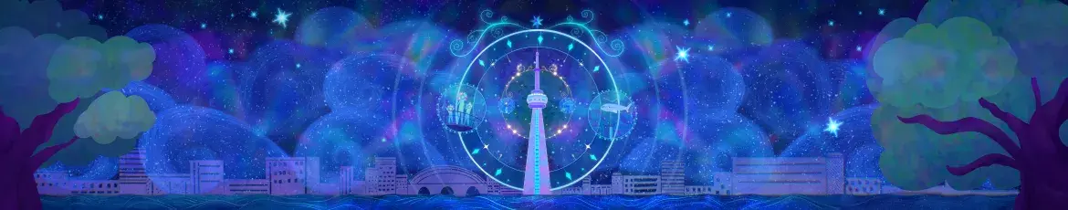 Scène nocturne onirique de la Tour CN entourée de motifs circulaires lumineux, d’étoiles et d’un paysage urbain stylisé dans des tons apaisants de bleu et de violet.