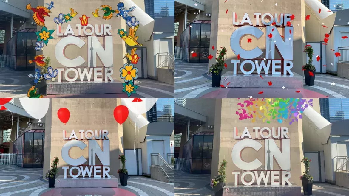 Vue de quatre filtres Instagram différents sur l'enseigne de la Tour CN, avec des confettis, des ballons ainsi que des oiseaux et des fleurs.
